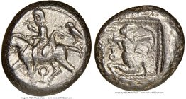 CILICIA. Tarsus. Ca. late 5th century BC. AR stater (20mm,10.39 gm, 2h). NGC AU 4/5 - 4/5. Ca. 420-410 BC. Satrap on horseback riding left, reins in l...