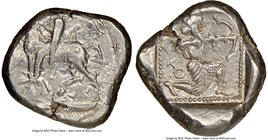 CILICIA. Tarsus. Ca. late 5th century BC. AR stater (21mm, 9h). NGC XF. Satrap on horseback riding left, reins in left hand, lotus upward in right; ea...