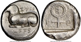 CYPRUS. Salamis. Nicodamus (ca. 460-450 BC). AR stater (20mm, 11h). NGC Choice VF. e-u-we-le-to-to-se (Cypriot=Euelthon (father of Nicodamus)), ram re...