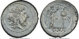 Anonymous. Ca. 211-208 BC. AR victoriatus (18mm, 3.25 gm, 3h). NGC MS 5/5 - 4/5. Rome. Laureate head of Jupiter right, dotted border / ROMA, Victory s...