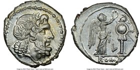 Anonymous. Ca. 211-208 BC. AR victoriatus (17mm, 3.52 gm, 12h). NGC MS 5/5 - 4/5. Luceria. Laureate head of Jupiter right, bead-and-reel border / Vict...