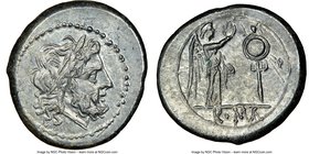 Anonymous. Ca. 211-208 BC. AR victoriatus (18mm, 3.98 gm, 9h). NGC MS 5/5 - 4/5. Rome. Laureate head of Jupiter right, dotted border / ROMA, Victory s...