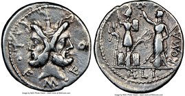 M. Furius L.f. Philus (ca. 119 BC). AR denarius (19mm, 7h). NGC VF, graffito. Rome. M • FOVRI • L • F, laureate head of Janus / PHLI (PH ligate) in ex...