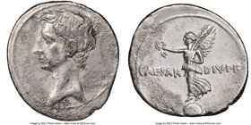 Octavian, as Sole Imperator (30-27 BC). AR denarius (19mm, 2h). NGC VF, brushed. Rome. 31-30 BC. Bare head left / Victory standing left on globe, hold...