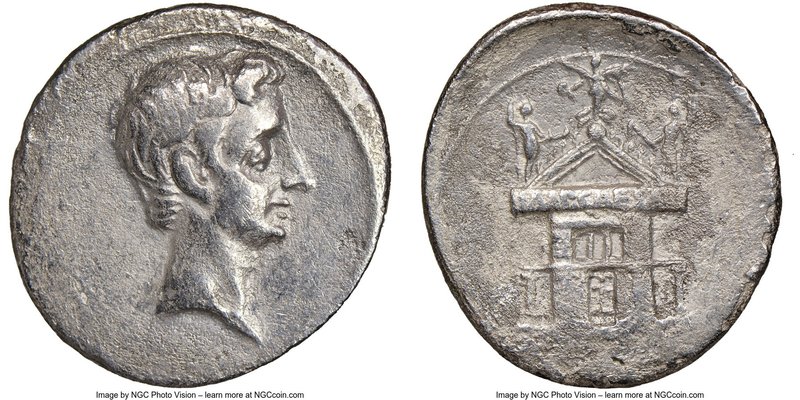 Octavian, as Sole Imperator (30-27 BC). AR denarius (19mm, 11h). NGC Fine. 30-29...