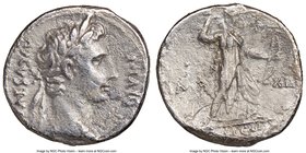 Augustus (27 BC-AD 14). AR denarius (18mm, 6h). NGC Fine. Lugdunum, 10 BC. Laureate head right / Diana, wearing polos, advancing right, holding bow an...