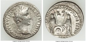 Augustus (27 BC-AD 14). AR denarius (19mm, 3.42 gm, 3h). XF, horn silver. Lugdunum, 2 BC-AD 4. CAESAR AVGVSTVS-DIVI F PATER PATRIAE, laureate head of ...