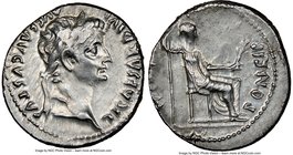 Tiberius (AD 14-37). AR denarius (18mm, 1h). NGC Choice VF. Lugdunum. TI CAESAR DIVI-AVG F AVGVSTVS, laureate head of Tiberius right / PONTIF-MAXIM, L...
