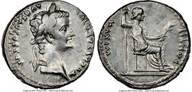 Tiberius (AD 14-37). AR denarius (19mm, 2h). NGC Choice VF. Lugdunum. TI CAESAR DIVI-AVG F AVGVSTVS, laureate head of Tiberius right / PONTIF-MAXIM, L...