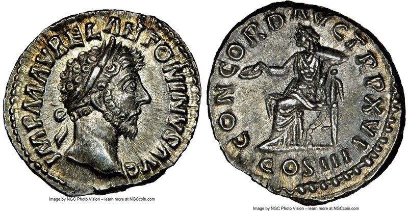Marcus Aurelius (AD 161-180). AR denarius (18mm, 11h). NGC Choice AU S. Rome, AD...