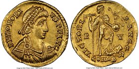 Honorius, Western Roman Empire (AD 393-423). AV solidus (21mm, 4.41 gm, 12h). NGC AU 5/5 - 4/5. Ravenna, ca. AD 395-423. D N HONORI-VS P F AVG, pearl-...