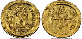 Justinian I the Great (AD 527-565). AV solidus (21mm, 4.42 gm, 6h). NGC Choice AU 5/5 - 2/5, wrinkled. Constantinople, 8th officina. D N IVSTINI-ANVS ...