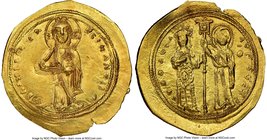 Theodora, sole reign (AD 1055-1056). AV histamenon nomisma (25mm, 4.38 gm, 6h). NGC MS 4/5 - 3/5, edge crimp, die shift. Constantinople. + IhS XIS RЄX...