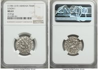 Cilician Armenia. Levon I Tram ND (1198-1219) MS63 NGC, 22mm. 3.01gm. Levon seated facing on throne ornamented with lions, holding lis and cross / Two...