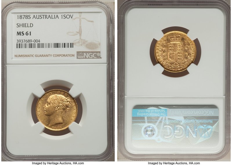 Victoria gold "Shield" Sovereign 1878-SYDNEY MS61 NGC, Sydney mint, KM6.

HID098...