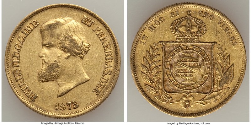 Pedro II gold 10000 Reis 1875 XF, Rio de Janeiro mint, KM467.

HID09801242017