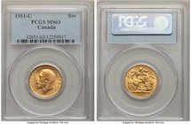 George V gold Sovereign 1911-C MS63 PCGS, Ottawa mint, KM20. AGW 0.2355 oz. 

HID09801242017