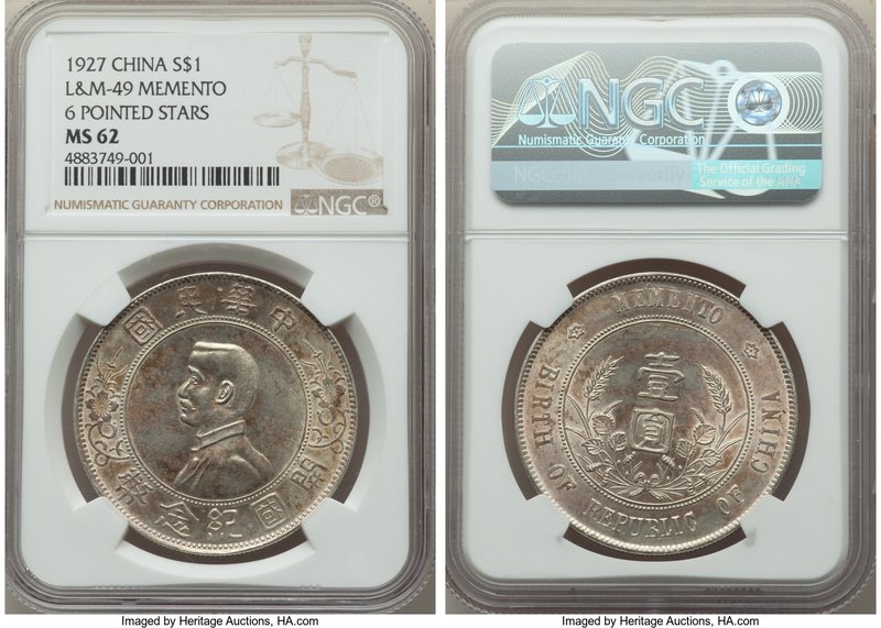 Republic Sun Yat-sen "Memento" Dollar ND (1927) MS62 NGC, KM-Y318a.1, L&M-49. 6 ...