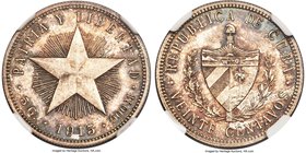 Republic Proof "High Relief" Star 20 Centavos 1915 PR64 NGC, Philadelphia mint, KM13.1. Variety with high relief star and fine reeding. An exceptional...