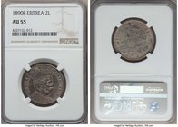 Italian Colony. Umberto I 2 Lire 1890-R AU55 NGC, Rome mint, KM2. An important type coin with a crowned portrait of the Italian king. Battleship gray ...