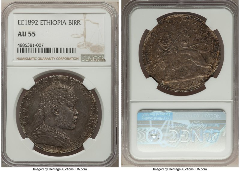 Menelik II Birr EE 1892 (1899) AU55 NGC, Paris mint, KM19.

HID09801242017