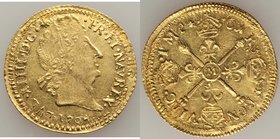Louis XIV gold Contemporary Counterfeit Louis d'or 1704-M AU, Toulouse Mint, KM365.12. 26.7mm. 6.62gm. Contemporary counterfeit overstruck on genuine ...