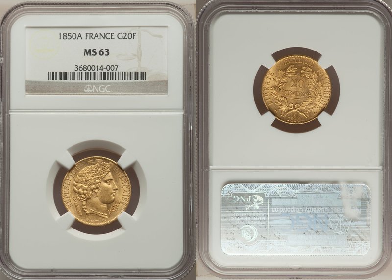 Republic gold 20 Francs 1850-A MS63 NGC, Paris mint, KM762. AGW 0.1867 oz.

HID0...