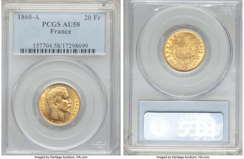 Napoleon III gold 20 Francs 1860-A AU58 PCGS, Paris mint, KM781.1. Last year of ...