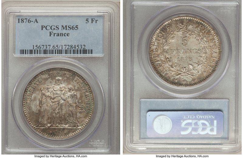 Republic 5 Francs 1876-A MS65 PCGS, Paris mint, KM820.1.

HID09801242017