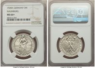 Weimar Republic "Naumburg" 3 Mark 1928-A MS66+ NGC, Berlin mint, KM57. Satin white untoned surfaces. Issued for the 900th anniversary of the founding ...