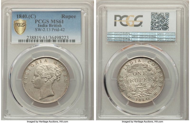 British India. Victoria Rupee 1840-(C) MS61 PCGS, Calcutta mint, KM457.1, S&W-2....