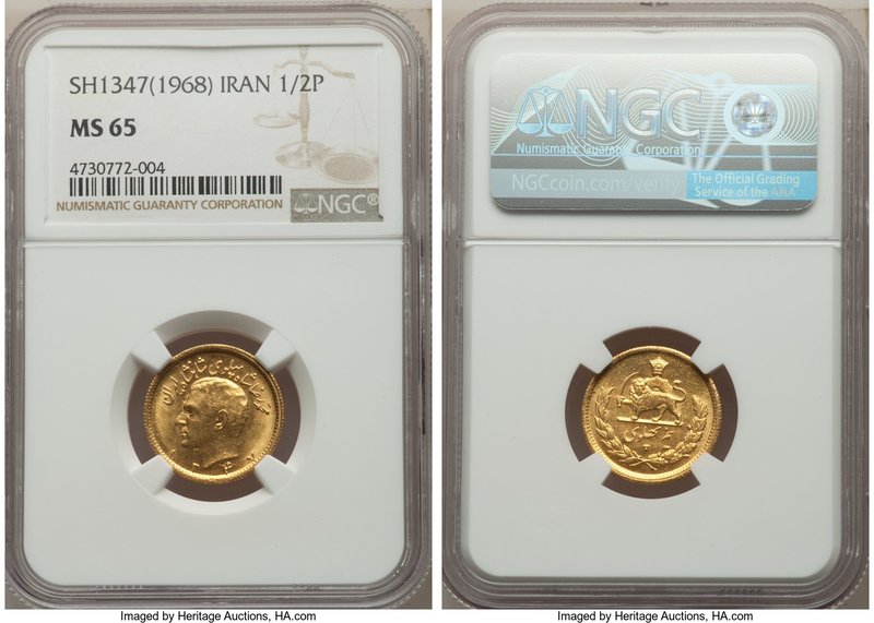 Muhammad Reza Pahlavi gold 1/2 Pahlavi SH 1347 (1968) MS65 NGC, KM1161. Lustrous...