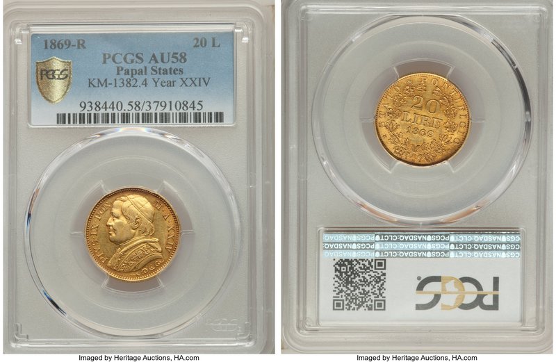 Papal States. Pius IX gold 20 Lire Anno XXIV (1869)-R AU58 PCGS, Rome mint, KM13...