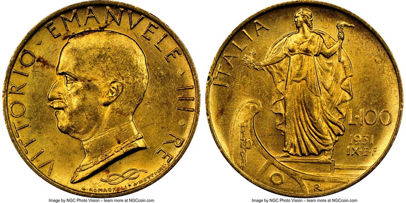 Vittorio Emanuele III gold 100 Lire 1931-R MS62 NGC, Rome mint, KM72.

HID098012...