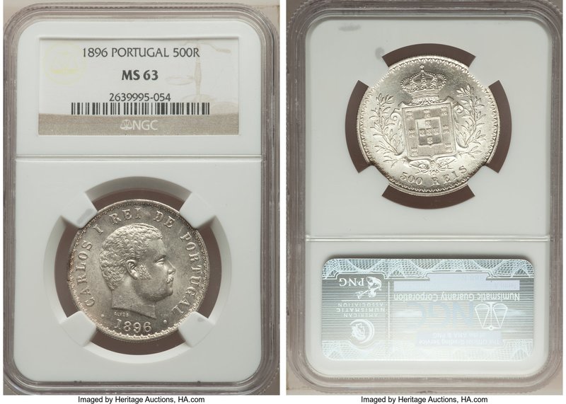 Carlos I Pair of Certified 500 Reis NGC, 1) 500 Reis 1896 - MS63, KM535. 2) 500 ...