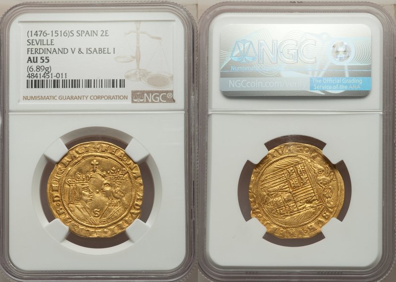 Ferdinand V & Isabel gold 2 Excelentes ND (1476-1516)-S AU55 NGC, Seville mint, ...