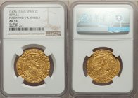 Ferdinand V & Isabel gold 2 Excelentes ND (1476-1516)-S AU55 NGC, Seville mint, Fr-129. Full busts and shield with readable legends in an nice antique...