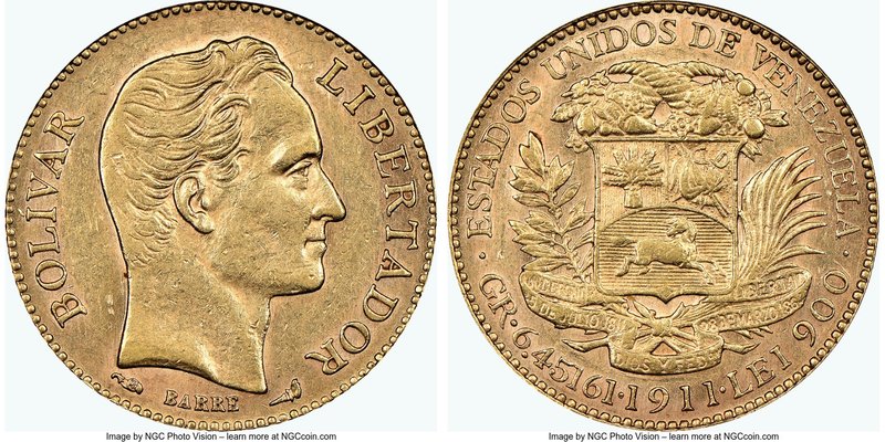 Republic gold 20 Bolivares 1911 AU58 NGC, KM-Y32. 

HID09801242017