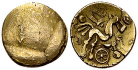 Dobunni AV Stater

Celtic Britain. Dobunni, uninscribed. AV Stater (20 mm, 5.68 g), c. 60-20 BC.
Obv. Dobunnic leaf emblem.
Rev. Triple-tailed hor...