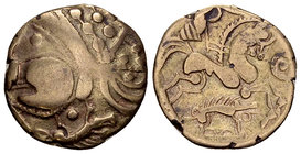 Aulerci Eburovices AV Hemistater 

Celtic Gaul. Aulerci Eburovices. AV Hemistater (16-17 mm, 2.89 g), c. 60-50 BC.
Obv. Celticised head left with b...