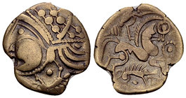 Aulerci Eburovices AV Hemistater 

Celtic Gaul. Aulerci Eburovices. AV Hemistater (17-18 mm, 2.90 g), c. 60-50 BC.
Obv. Celticised head left with b...