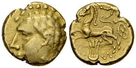 Averni AV Stater, 2nd century BC

Celtic Gaul. Averni. AV Stater (17 mm, 7.45 g), 2nd century BC.
Obv. Male head to left.
Rev. Chariot with a char...