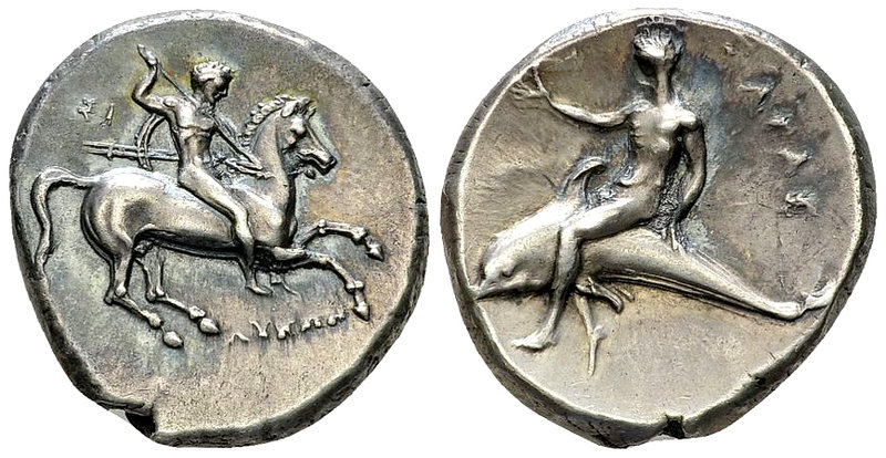 Tarentum, AR Nomos, c. 280 BC 

Calabria, Tarentum. AR Nomos (20-22 mm, 7.82 g...