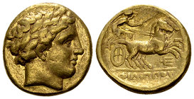 Philip II AV Stater, Amphipolis 

Kings of Macedon. Philip II (359-336 BC). AV Stater (16-17 mm, 8.55 g), Amphipolis.
Obv. Laureate head of Apollo ...