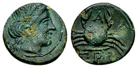 Priapos AE11, c. 300-200 BC 

Mysia, Priapos. AE11 (1.12 g), c. 300-200 BC.
Obv. Laureate head of Apollo to right.
Rev. ΠPI-A, crab, below, harpa ...