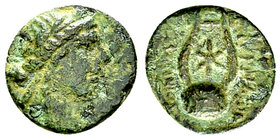 Smyrna AE10, c. 75-50 BC 

Ionia, Smyrna. AE10 (0.89 g), c. 75-50 BC. Orida, magistrate.
Obv. Laureate head of Apollo to right.
Rev. Lyre with sta...