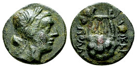 Halicarnassus AE12, c. 188-20 BC 

Caria, Halicarnassus. AE12 (1.71 g), c. 188-20 BC.
Obv. Laureate head of Apollo to right.
Rev. AΛIKAΡ / ΠOΛA, K...