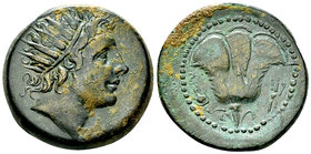 Rhodos AE 30, c. 88 BC 

Islands off Caria. Rhodos. AE30 (18.03 g), c. 88 BC.
Obv. Radiate head of Helios to right.
Rev. Rose; headdress of Isis t...