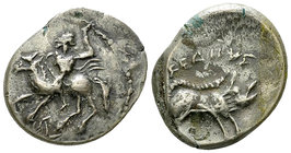 Aspendos AR Drachm, c. 420-360 BC 

Pamphylia, Aspendos. AR Drachm (18-21 mm, 7.47 g), c. 420-360 BC.
Obv. Warrior (Mopsos) on horseback to left, b...