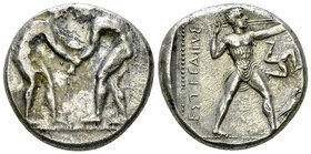 Aspendos AR Stater, c. 380-325 BC 

Pamphylia, Aspendos. AR Stater (22 mm, 10.88 g), c. 380/75-330/25 BC.
Obv. Two wrestlers grappling.
Rev. Sling...